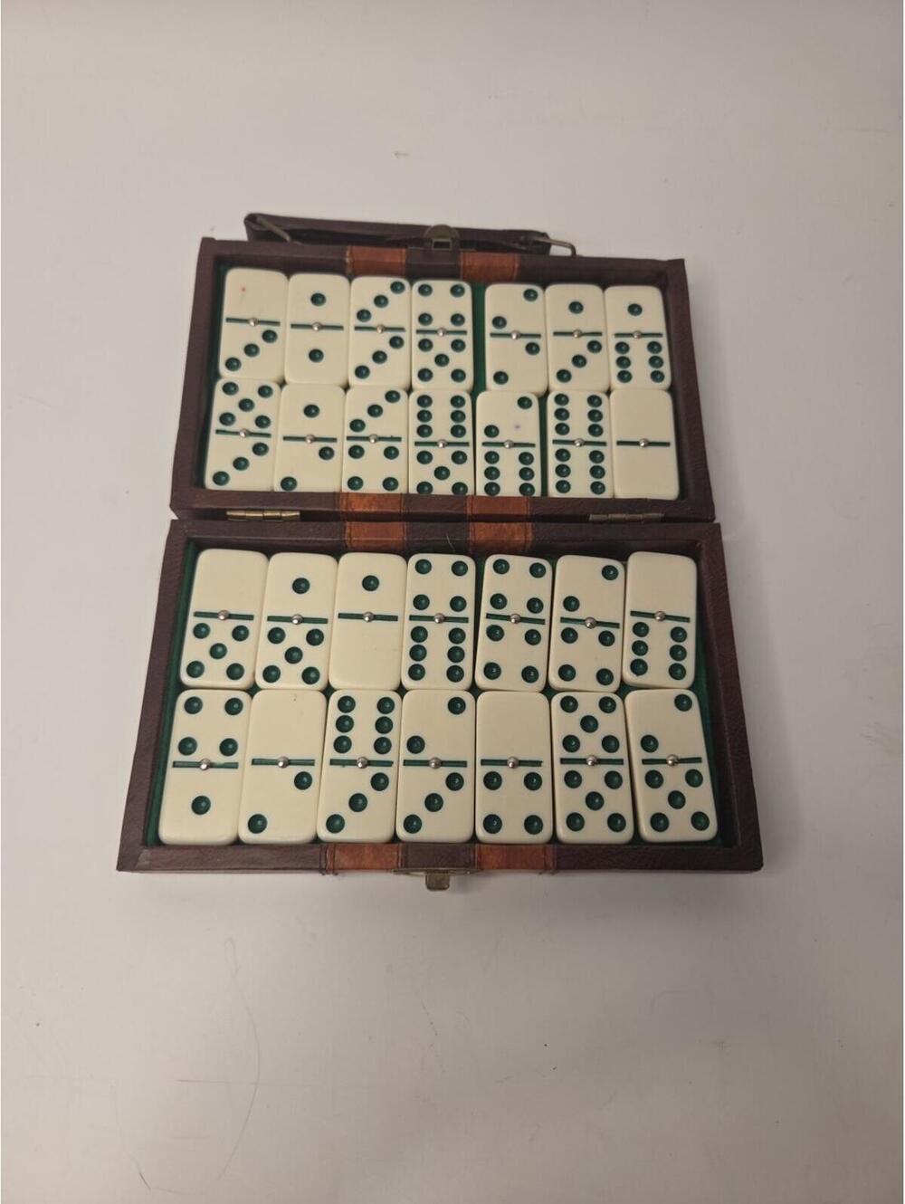 Vintage Domino Set With Brown Leather Case 28 Piece Travel Size Compact